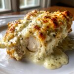 A close-up of juicy caesar chicken breast topped with melted, bubbly cheese sauce.