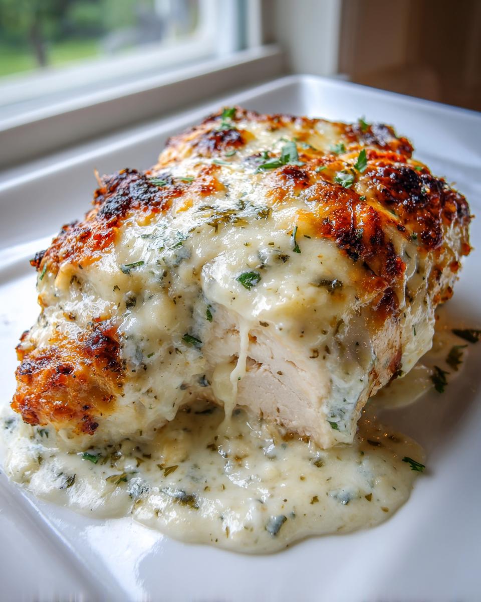 A cross-section of juicy caesar chicken breast covered in melted, browned cheese and creamy sauce, garnished with herbs.