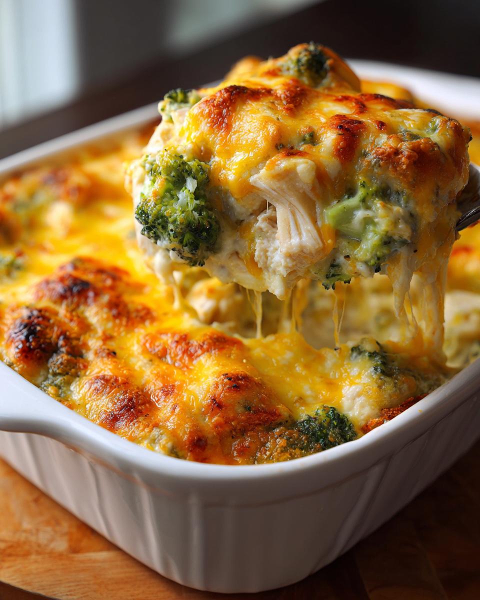 A spoonful of creamy Chicken Divan casserole lifted from a white dish, showing melted cheese and broccoli florets.