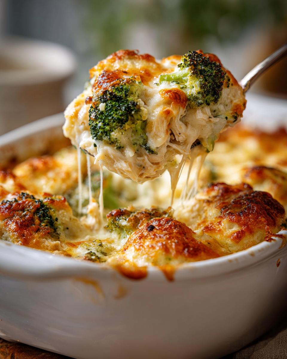 A spoonful of creamy Chicken Divan, showing melted cheese stretching between the spoon and the bubbling casserole dish.