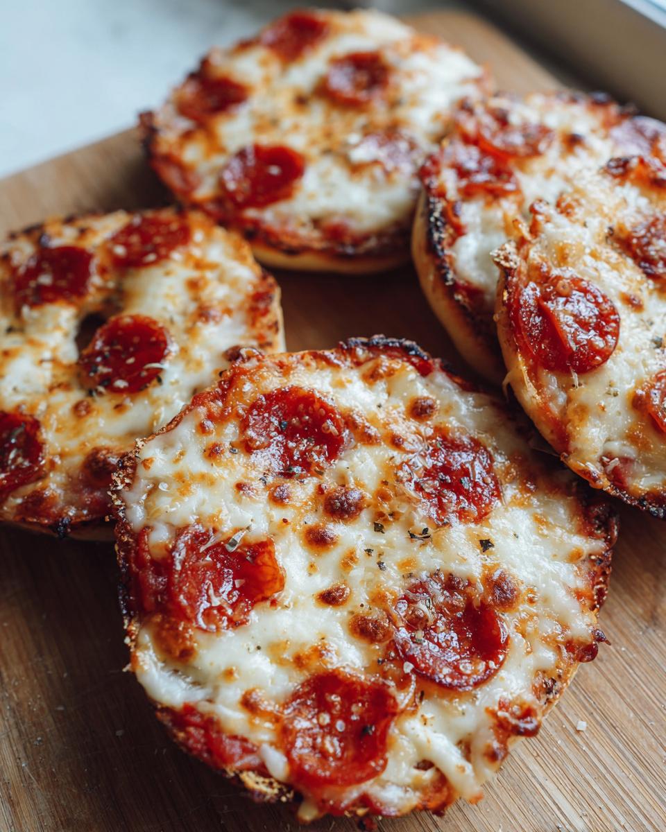 Four golden-brown pizza bagels topped with melted mozzarella cheese and pepperoni slices, ready to eat.