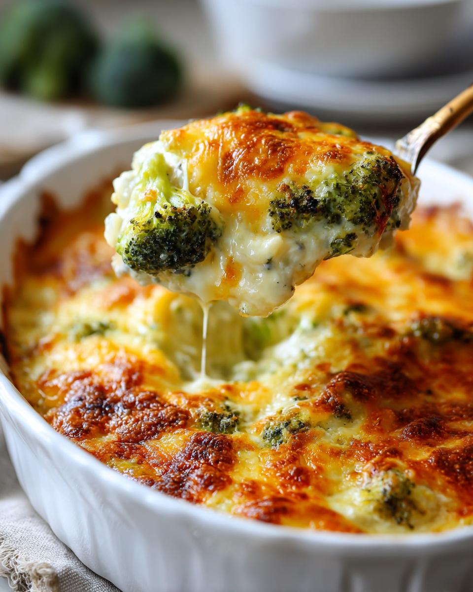 A spoonful of creamy Chicken Divan casserole, featuring broccoli florets and melted, golden-brown cheese.