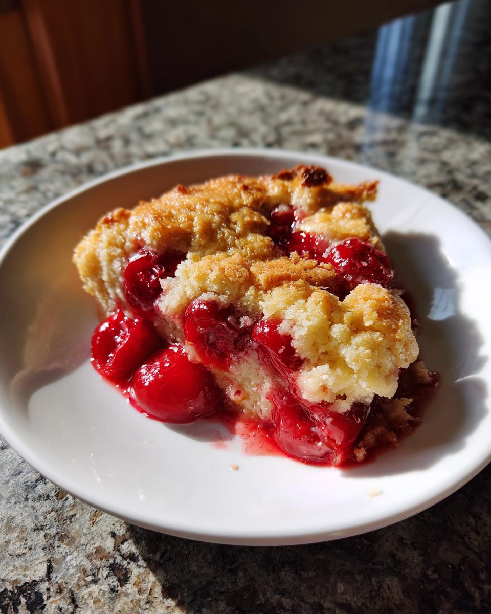 A close-up of a warm slice of cherry dump cake with a crumbly topping on a white plate.