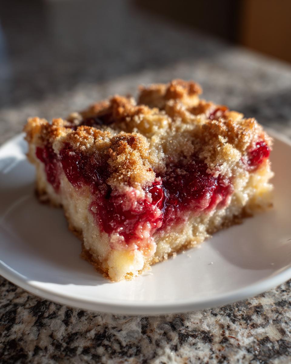 A close-up of a square slice of cherry dump cake with a crumbly topping on a white plate.
