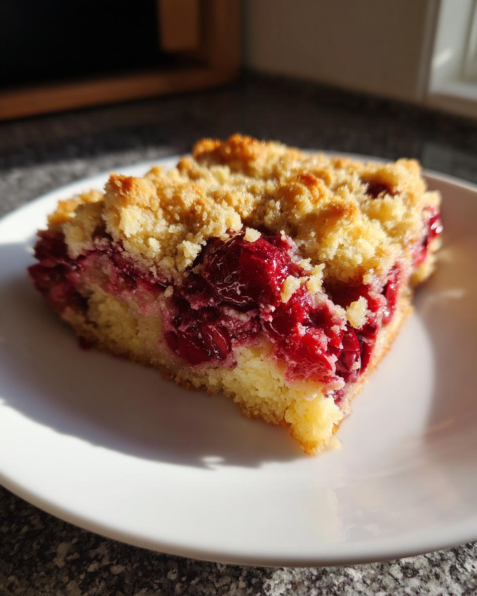 A close-up of a square slice of moist cherry dump cake with a crumbly topping on a white plate.
