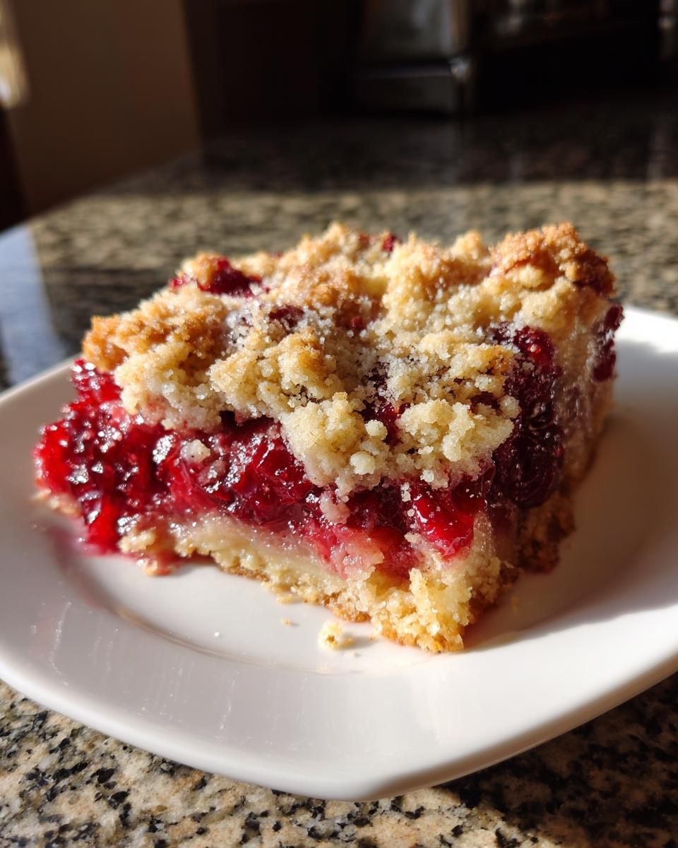 A close-up serving of cherry dump cake with a bright red filling and crumbly topping on a white plate.