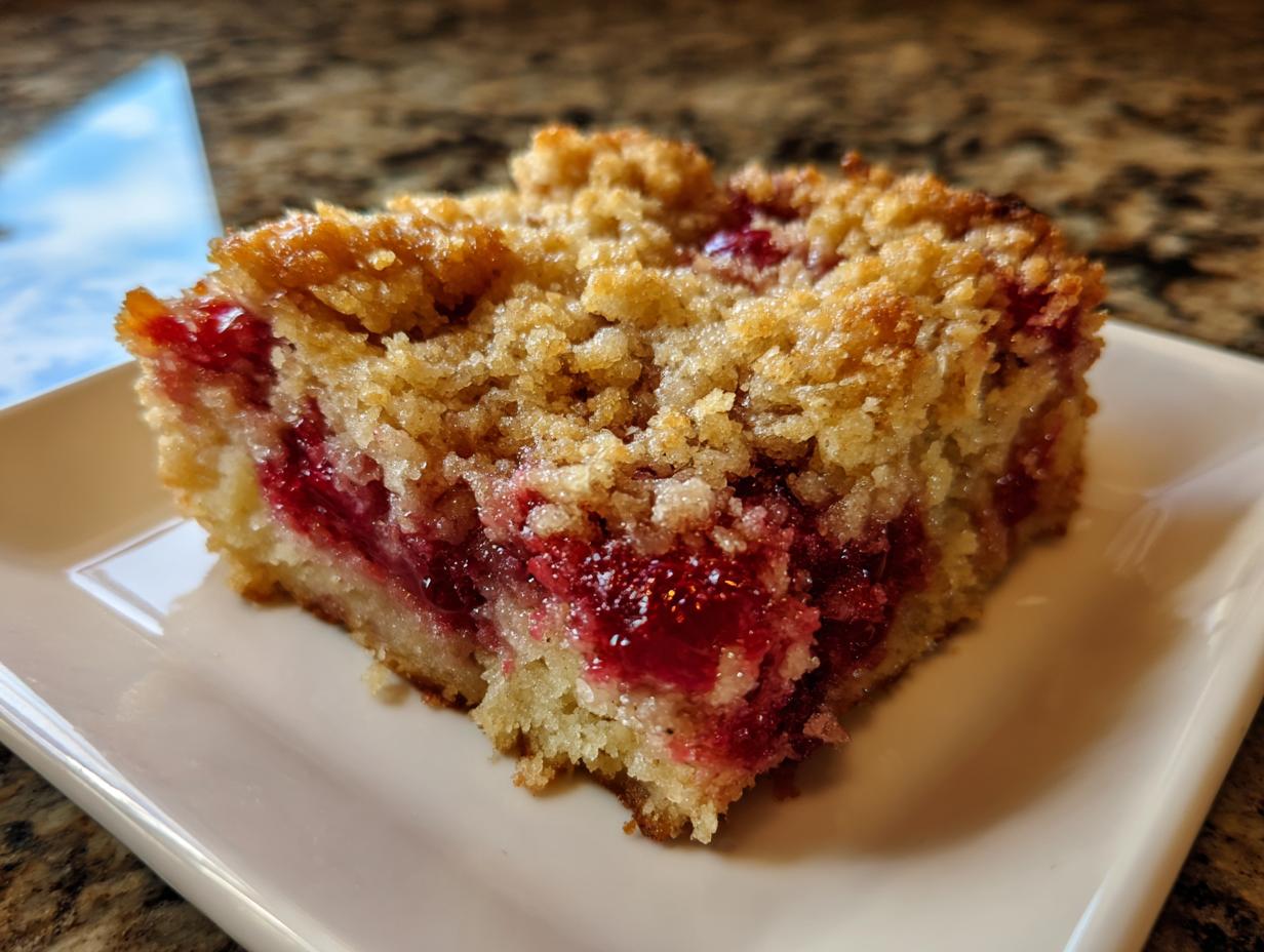 A close-up shot of a square slice of amazing cherry dump cake with a crumbly topping on a white plate.