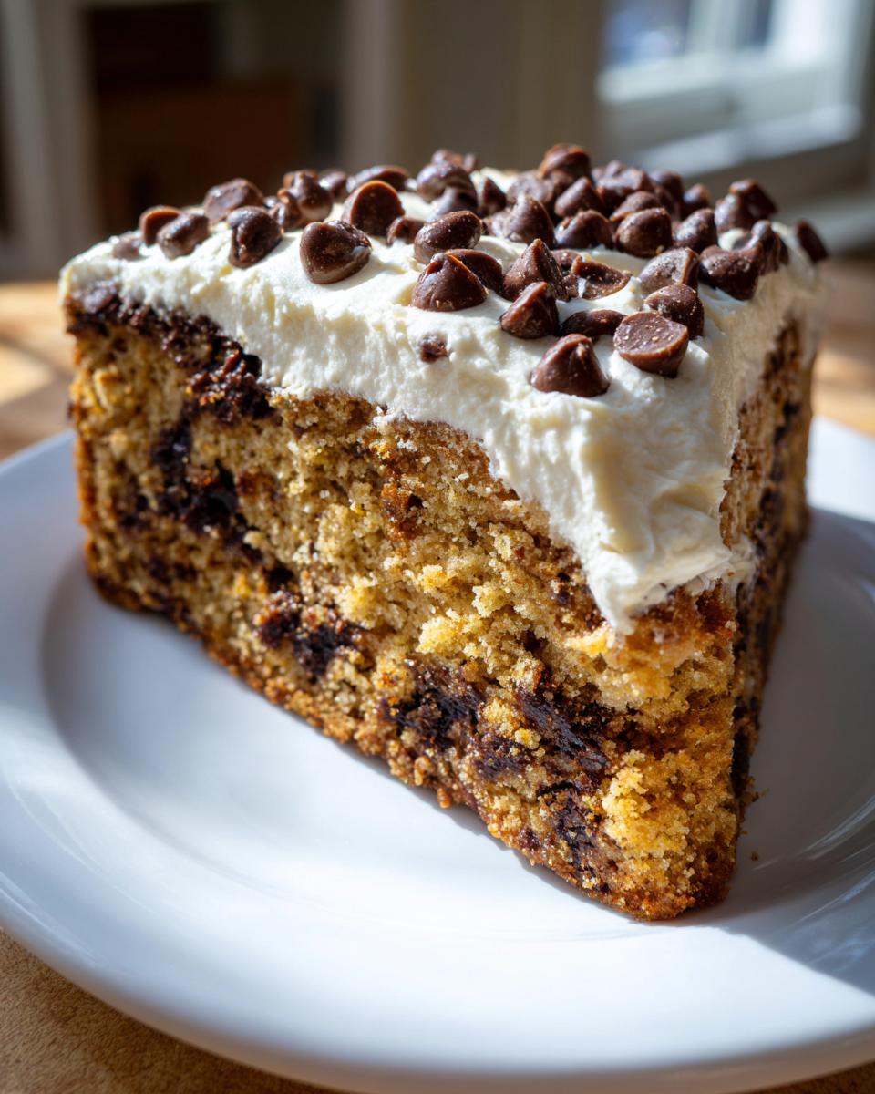 A thick slice of chewy cookie cake recipe, topped with white frosting and chocolate chips, served on a white plate.