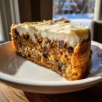 Close-up of a thick slice of chewy cookie cake recipe with chocolate chips and white frosting.