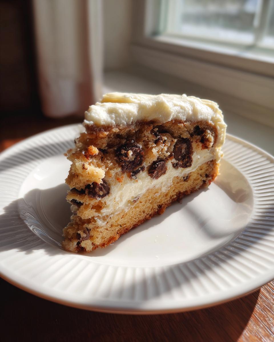 A thick slice of chewy cookie cake recipe filled with chocolate chips and topped with white frosting, sitting on a white plate.