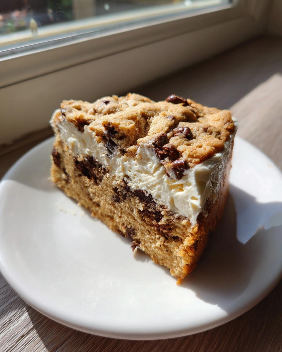 A thick slice of chewy cookie cake recipe topped with white frosting and chocolate chips, sitting on a white plate.