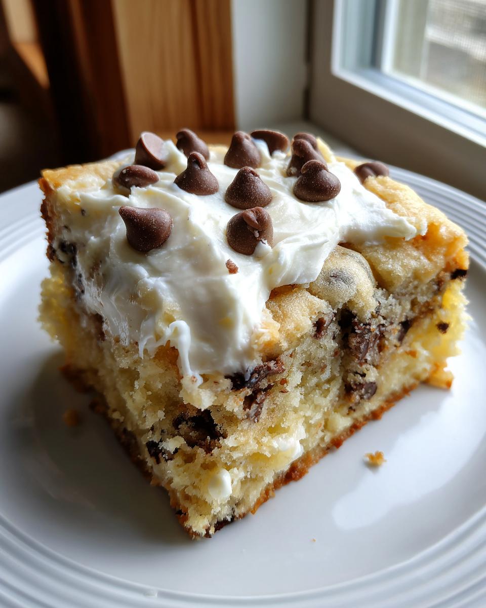 A square slice of chewy cookie cake recipe topped with thick white frosting and mini chocolate chips.