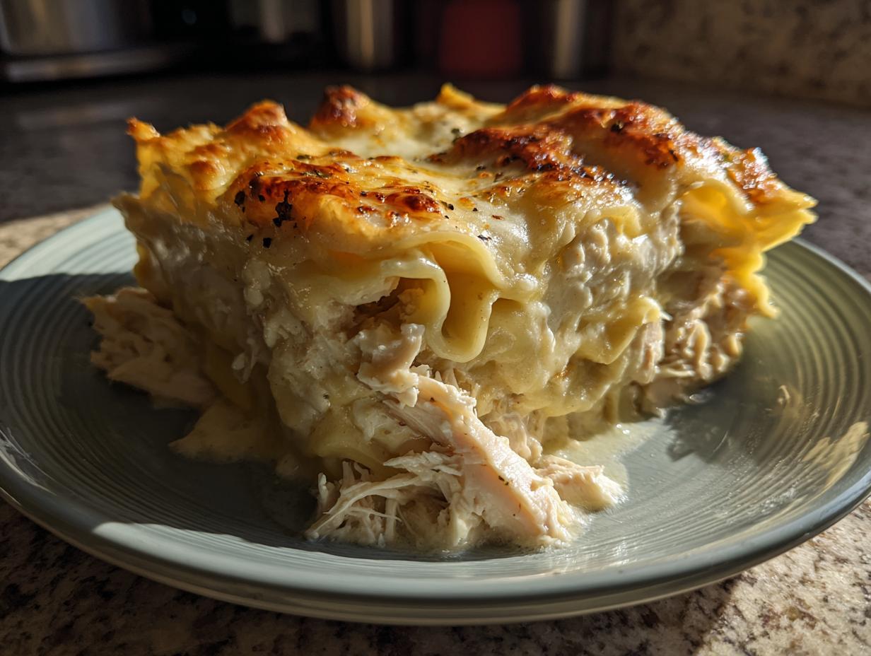 A close-up serving of baked chicken alfredo lasagna with a golden-brown, cheesy top layer and visible shredded chicken.
