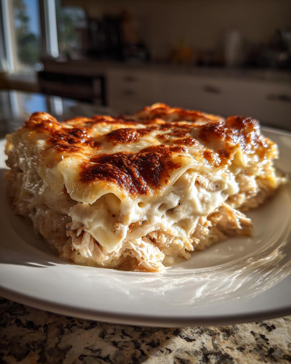 A close-up slice of rich chicken alfredo lasagna featuring layers of pasta, shredded chicken, and a deeply browned, cheesy alfredo topping.