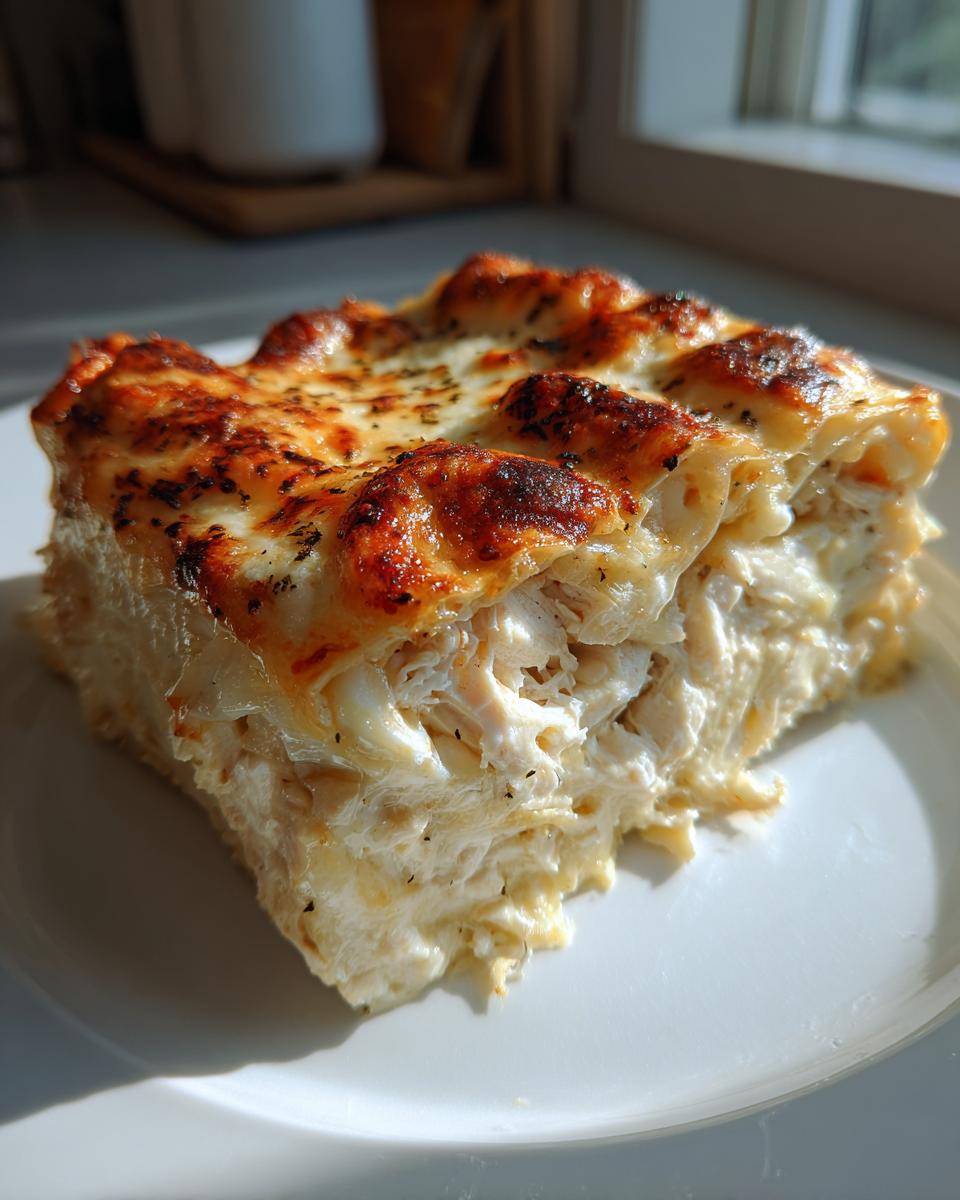 A generous slice of chicken alfredo lasagna showing creamy shredded chicken filling and a bubbly, browned cheese top.