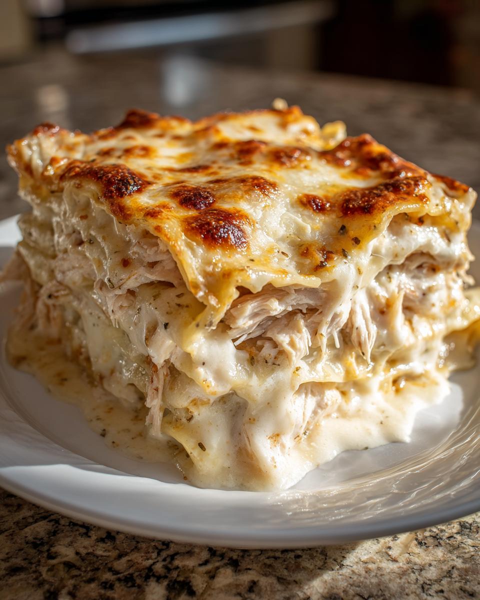 A thick, layered slice of chicken alfredo lasagna covered in melted, browned cheese sauce on a white plate.
