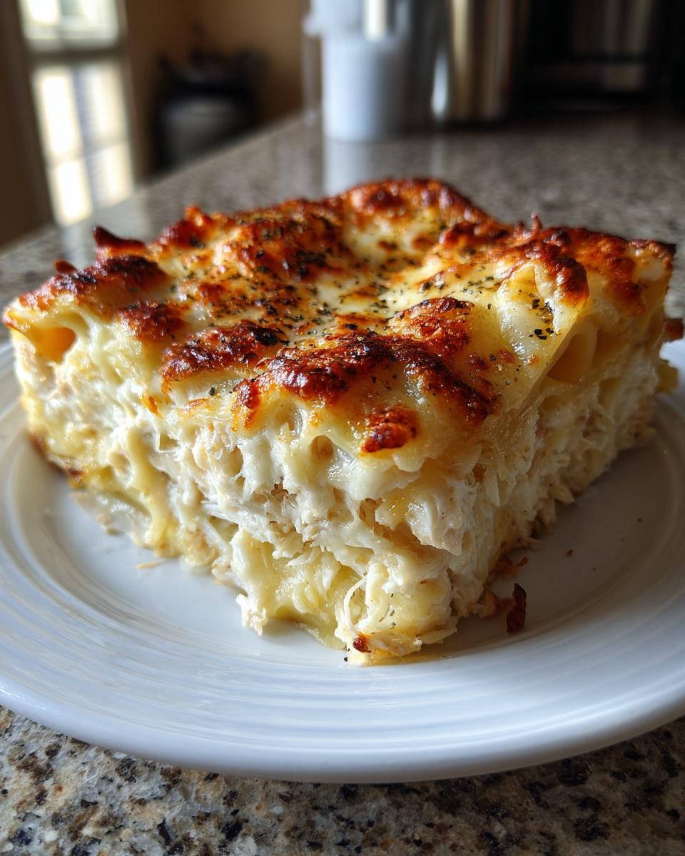 A generous slice of rich chicken alfredo lasagna featuring layers of pasta, shredded chicken, and a bubbly, browned cheese topping.