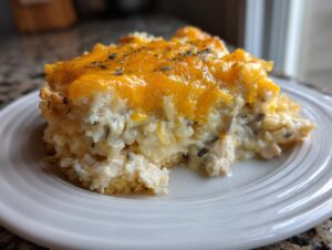 A close-up of a serving of creamy chicken and wild rice casserole topped with melted cheddar cheese.