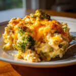 A close-up serving of creamy chicken broccoli rice casserole topped with melted cheddar cheese.