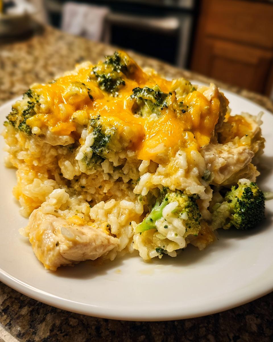 A close-up serving of creamy chicken broccoli rice casserole topped with melted cheddar cheese on a white plate.