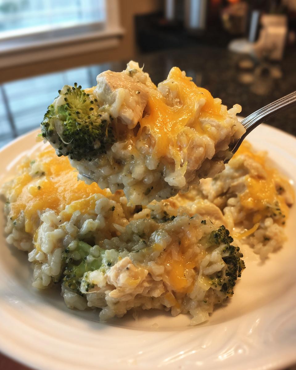 A spoonful of creamy chicken broccoli rice casserole topped with melted cheddar cheese being lifted from a white plate.
