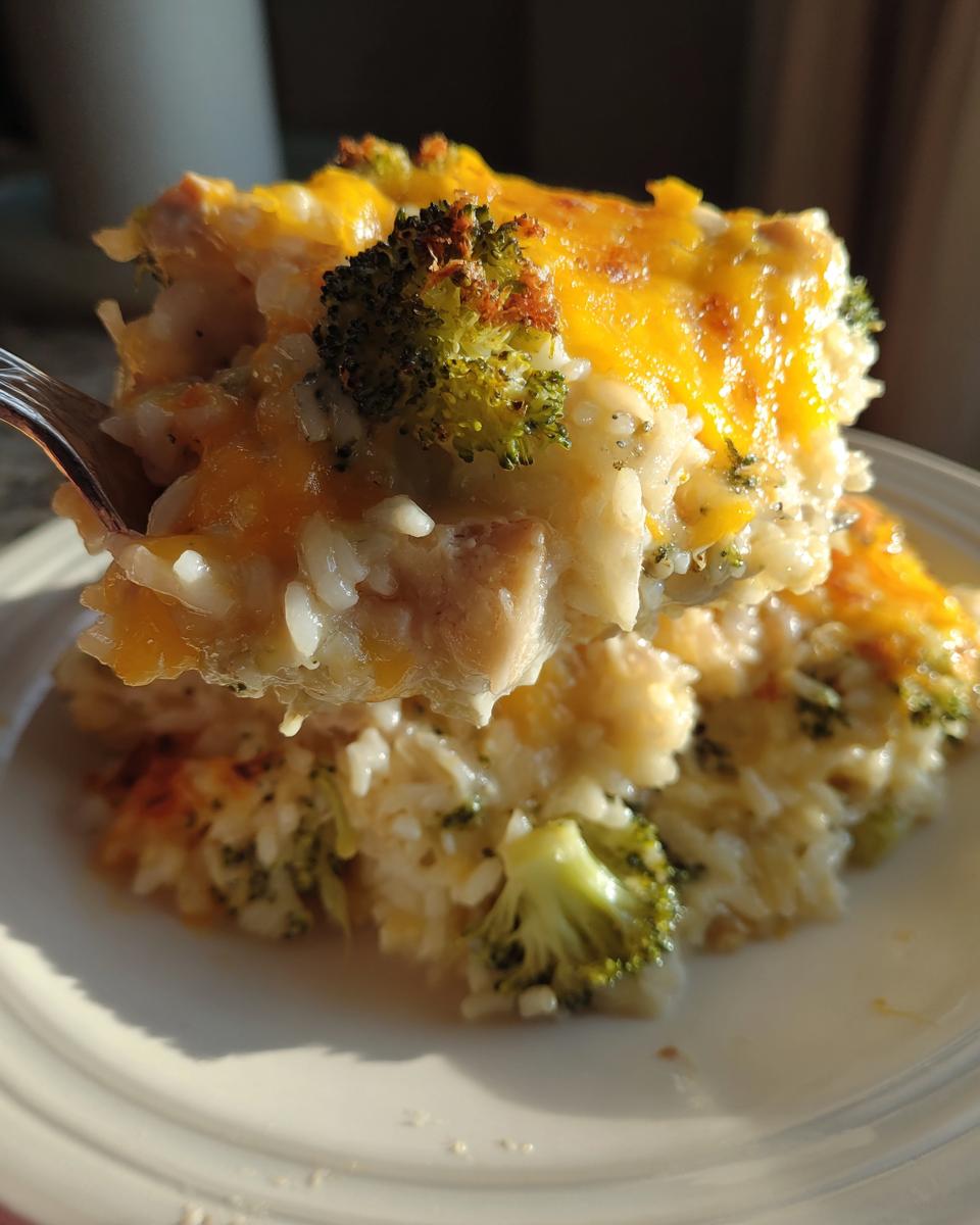A fork lifts a bite of creamy chicken broccoli rice casserole topped with melted, browned cheddar cheese.