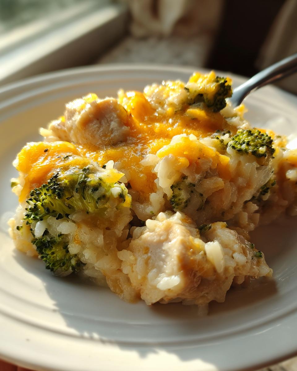 Close-up of a serving of creamy chicken broccoli rice casserole topped with melted cheddar cheese.