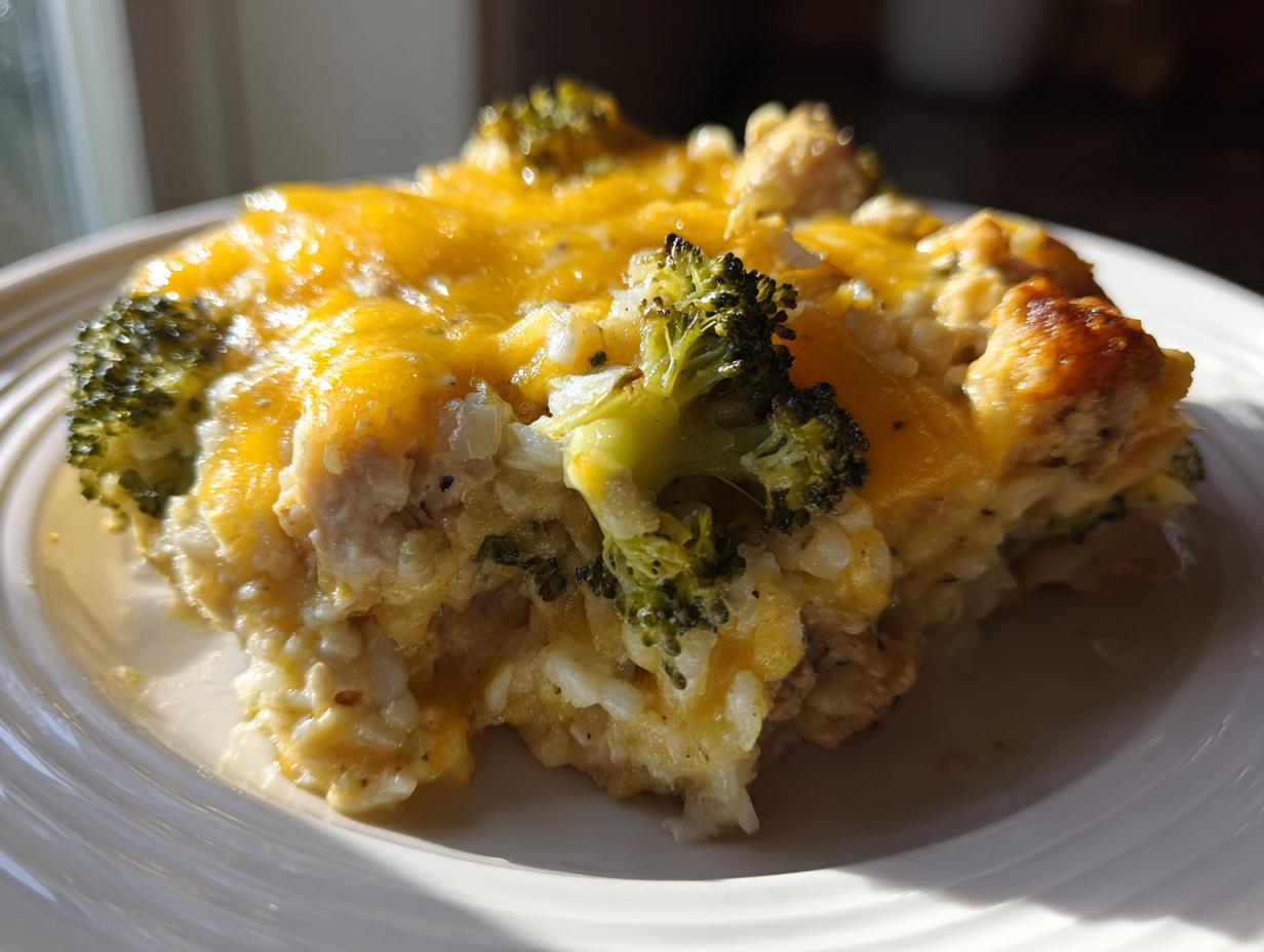 A close-up serving of creamy chicken broccoli rice casserole topped with melted cheddar cheese.