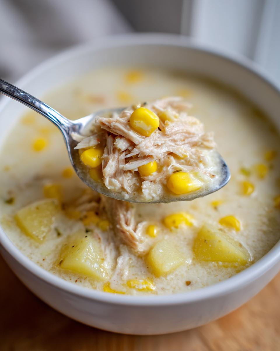 A spoonful of creamy chicken corn chowder showing shredded chicken and bright yellow corn kernels being lifted from a white bowl.