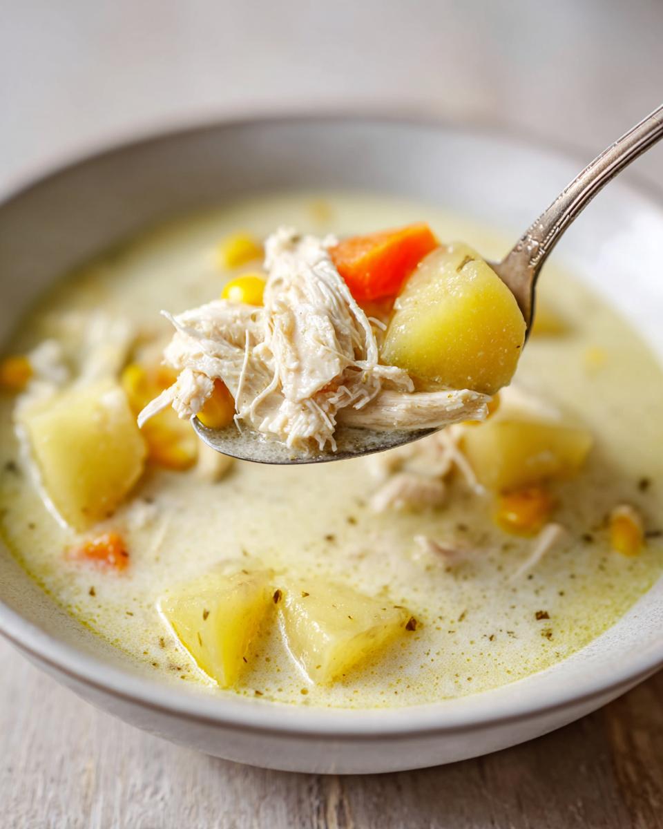 A spoonful of creamy chicken corn chowder showing shredded chicken, potato chunks, and carrots being lifted from a bowl.