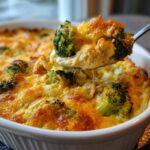 A spoonful of creamy Chicken Divan casserole with broccoli florets and melted, browned cheese being lifted from the dish.