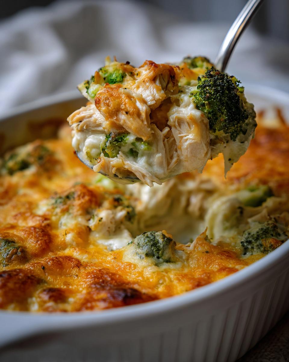 A spoonful of creamy Chicken Divan, featuring shredded chicken, broccoli, and melted cheese, lifted from a white baking dish.