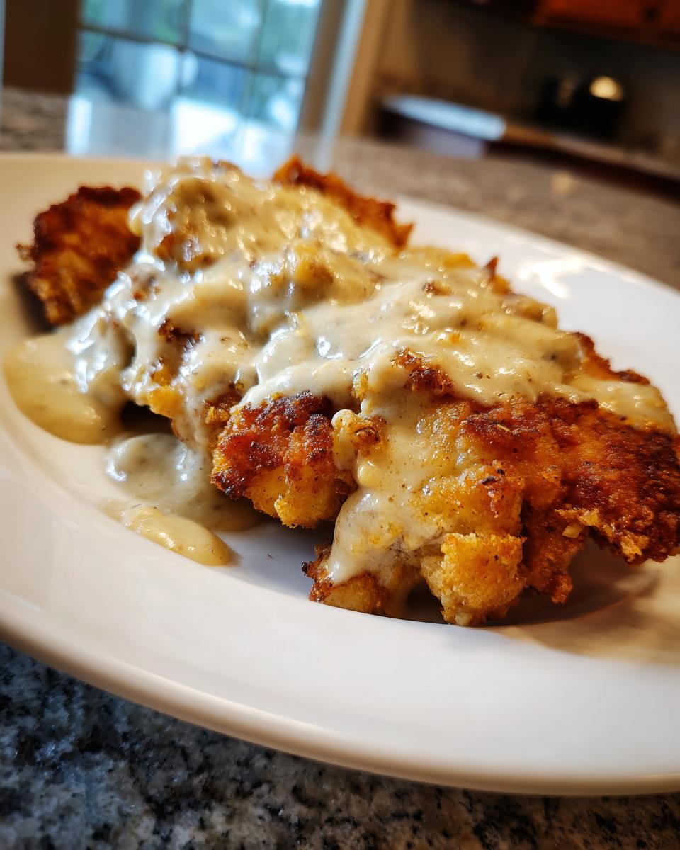 Close-up of golden brown chicken fried steak smothered in creamy white pepper gravy.