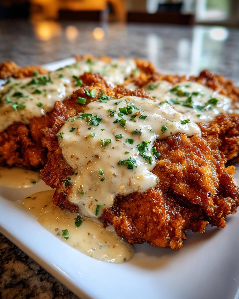 Close-up of crispy, golden brown chicken fried steak smothered in creamy white pepper gravy and topped with fresh chives.