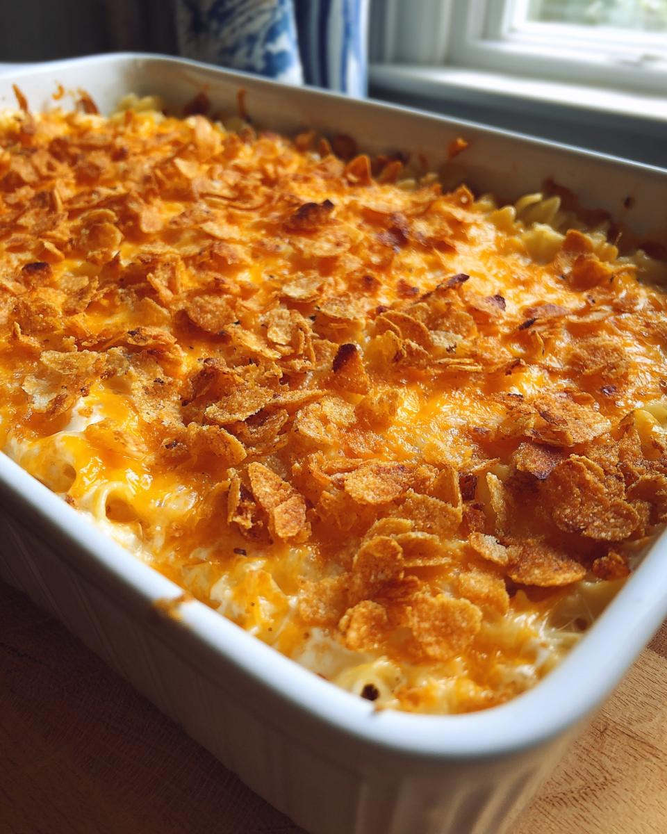 Close-up of a baked chicken noodle casserole topped with melted cheese and crispy cornflakes.