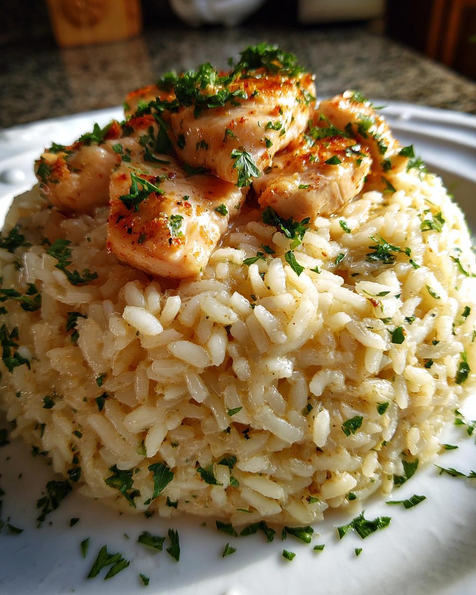 Close-up of seared chicken pieces served atop a mound of creamy garlic parmesan rice, garnished with parsley.