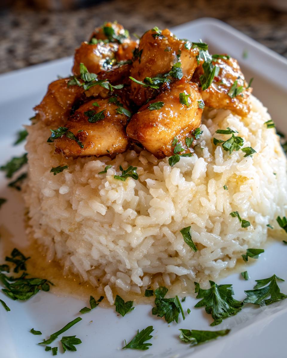 Close-up of chicken scampi pieces served over a mound of garlic parmesan rice, garnished with fresh parsley.