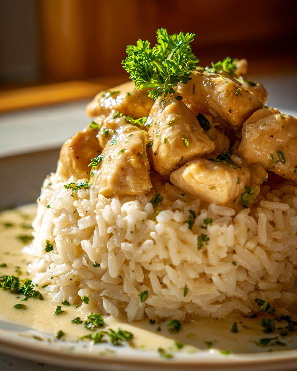 Close-up of tender chicken scampi pieces served over a mound of garlic parmesan rice, drizzled with creamy sauce.