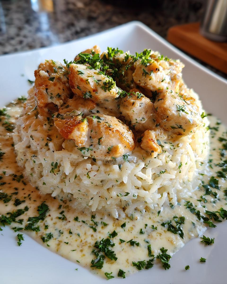 A mound of garlic parmesan rice topped with creamy chicken scampi pieces and fresh parsley.