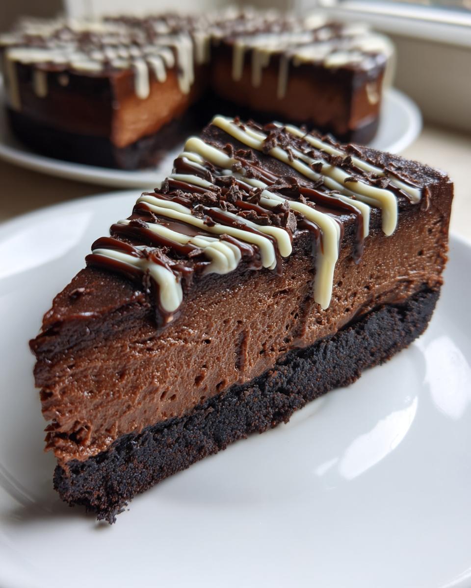 A close-up of a rich slice of chocolate cheesecake with a dark crust, topped with white and dark chocolate drizzle.