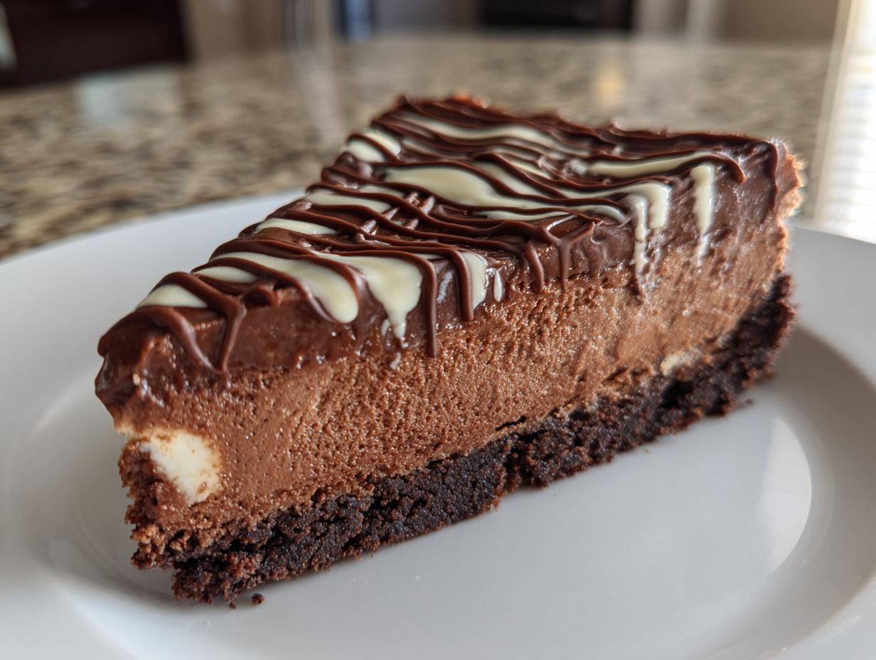A rich slice of chocolate cheesecake with a dark crust, topped with chocolate glaze and white chocolate drizzle.