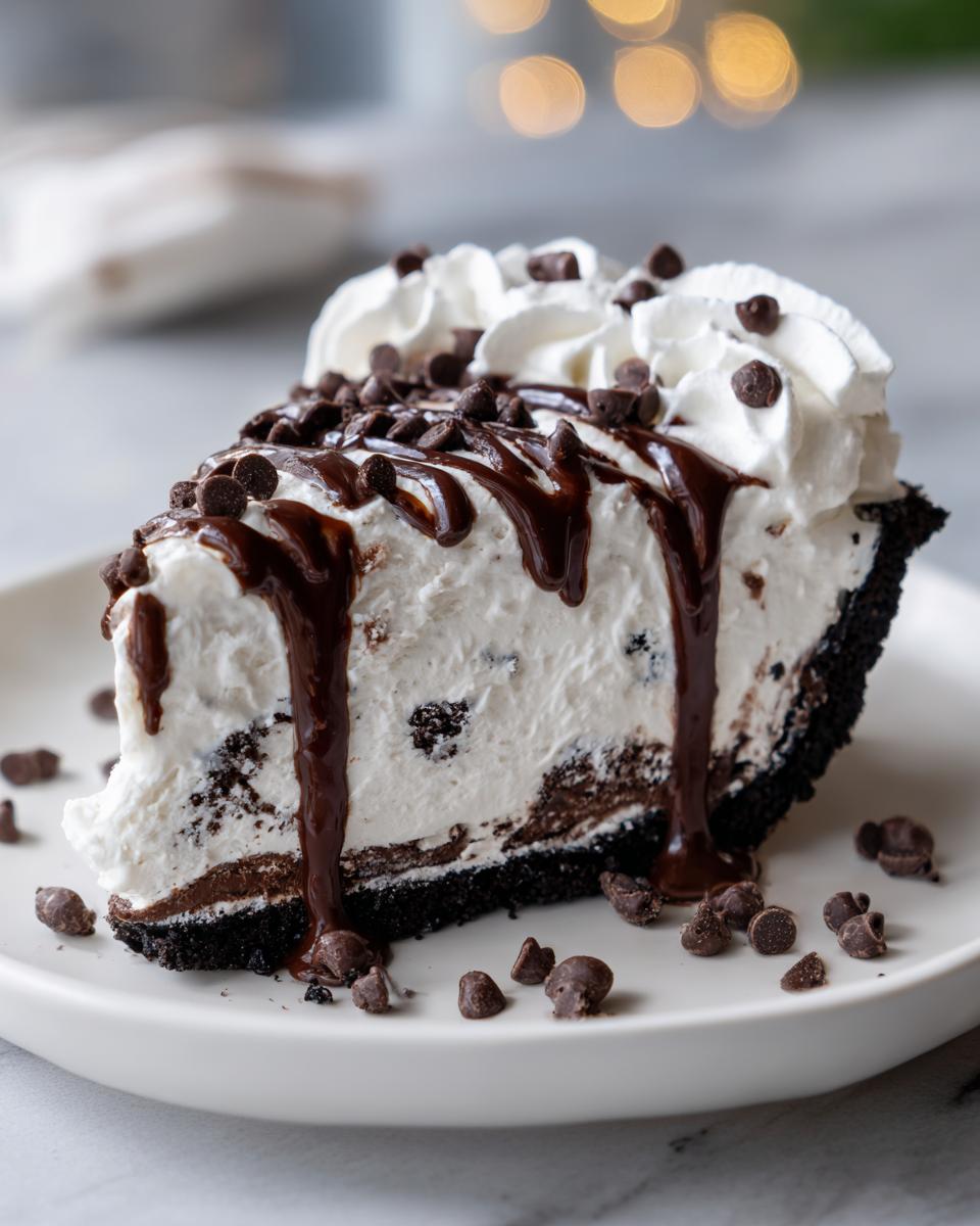 A close-up of a slice of chocolate chip ice cream pie topped with whipped cream, fudge, and mini chocolate chips.