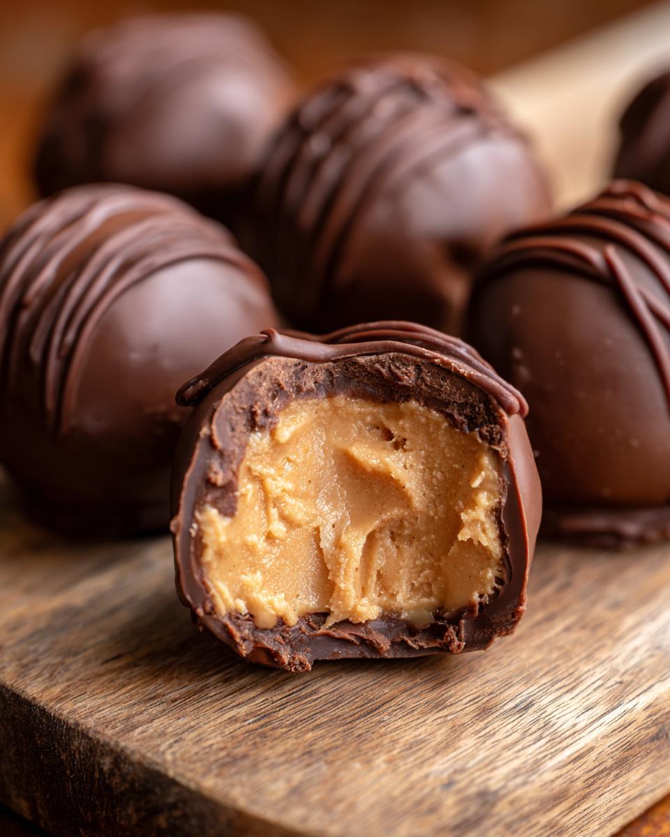A close-up of chocolate covered peanut butter balls, one cut open to show the creamy peanut butter filling.