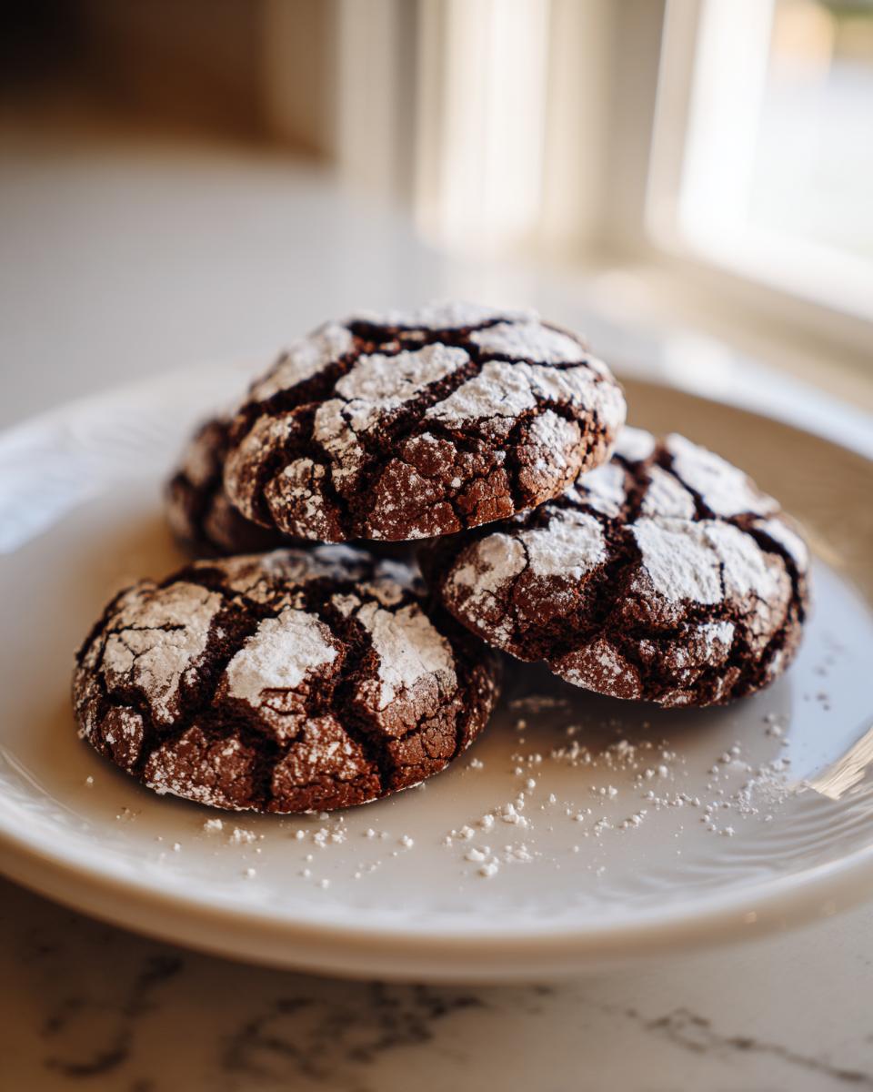 A stack of rich, dark chocolate crinkle cookies heavily dusted with white powdered sugar on a white plate.