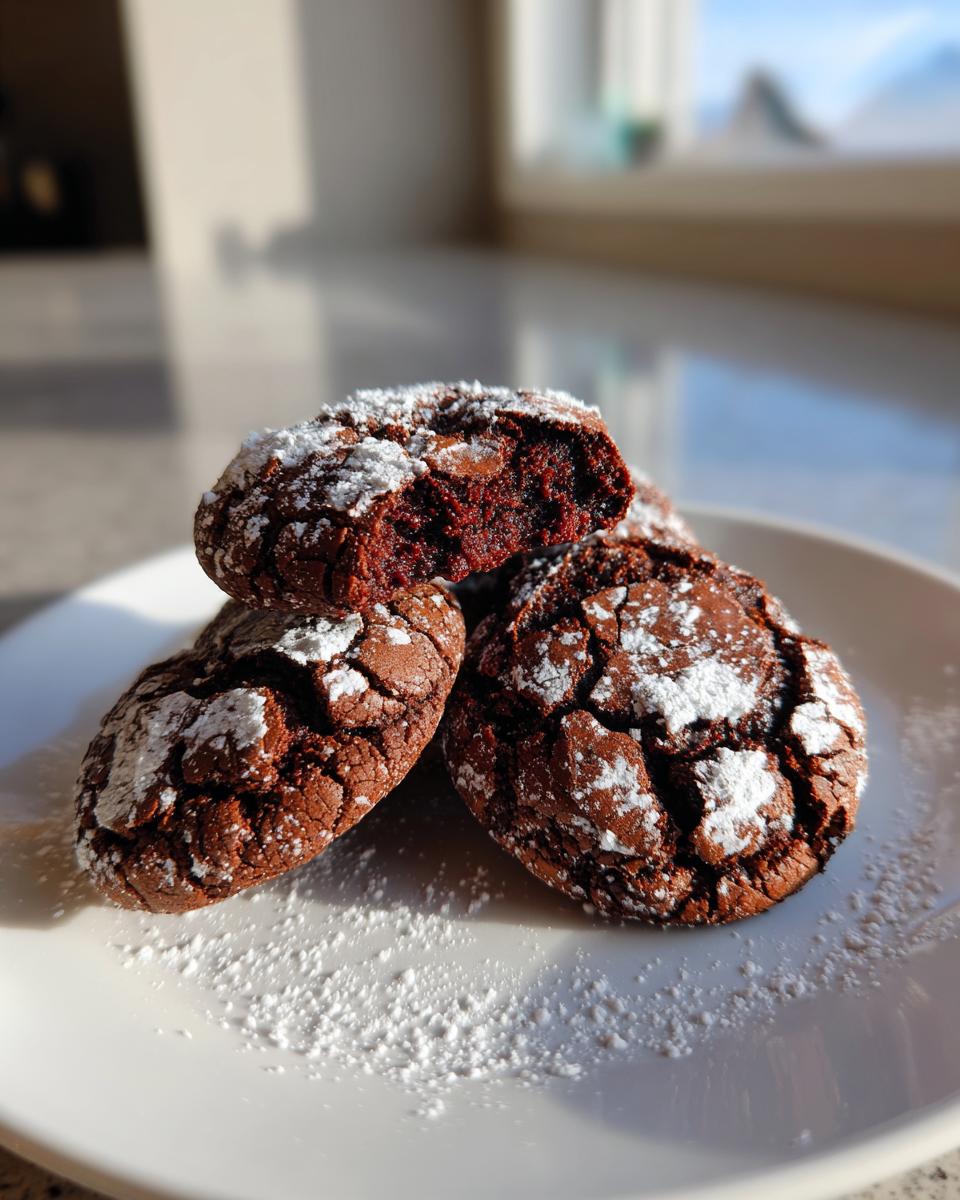 A stack of rich chocolate crinkle cookies dusted heavily with powdered sugar, one broken open to show the fudgy interior.