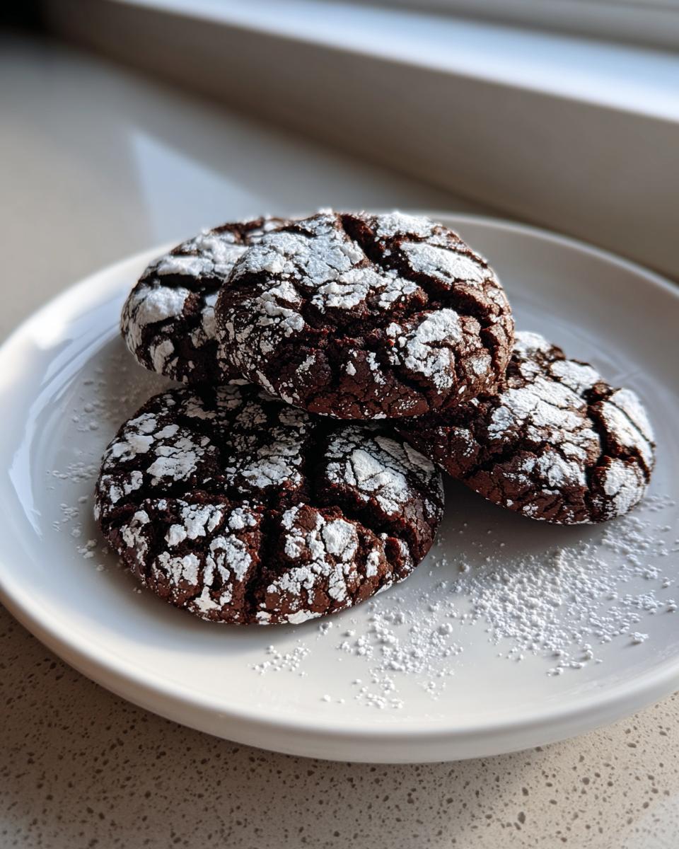 Four rich chocolate crinkle cookies dusted heavily with powdered sugar resting on a white plate.