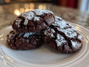 Close-up of three rich, dark chocolate crinkle cookies heavily dusted with white powdered sugar on a white plate.