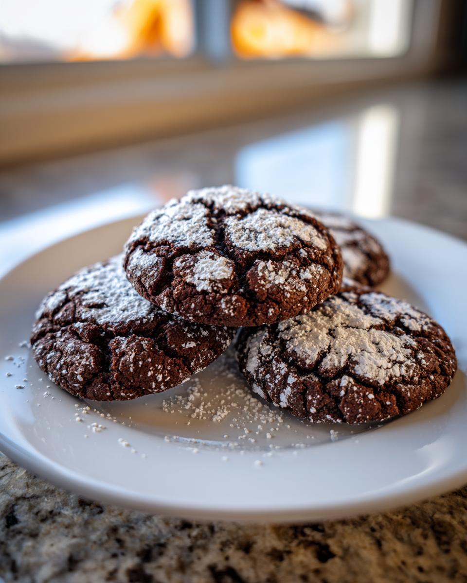A close-up of four rich chocolate crinkle cookies heavily dusted with powdered sugar on a white plate.