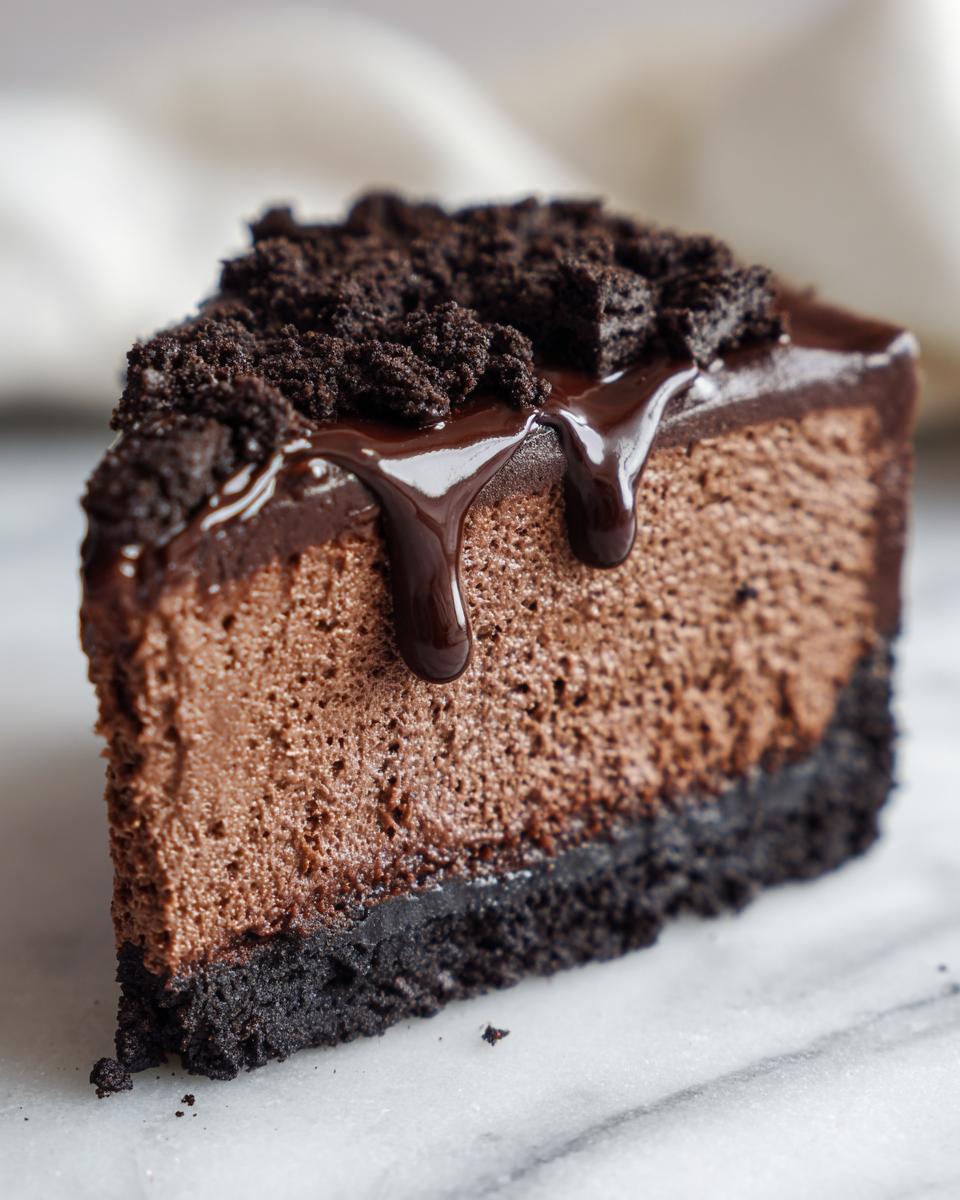 A decadent slice of chocolate mousse pie featuring a dark crust, light mousse filling, chocolate drizzle, and cookie crumbs.