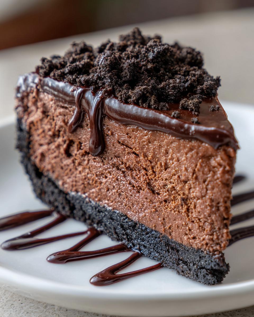 A decadent slice of chocolate mousse pie with a dark cookie crust, chocolate glaze, and crumb topping.